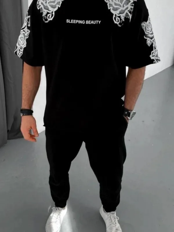 Pánské černé oversized letní tričko s potiskem a cyklistickým výstřihem 3