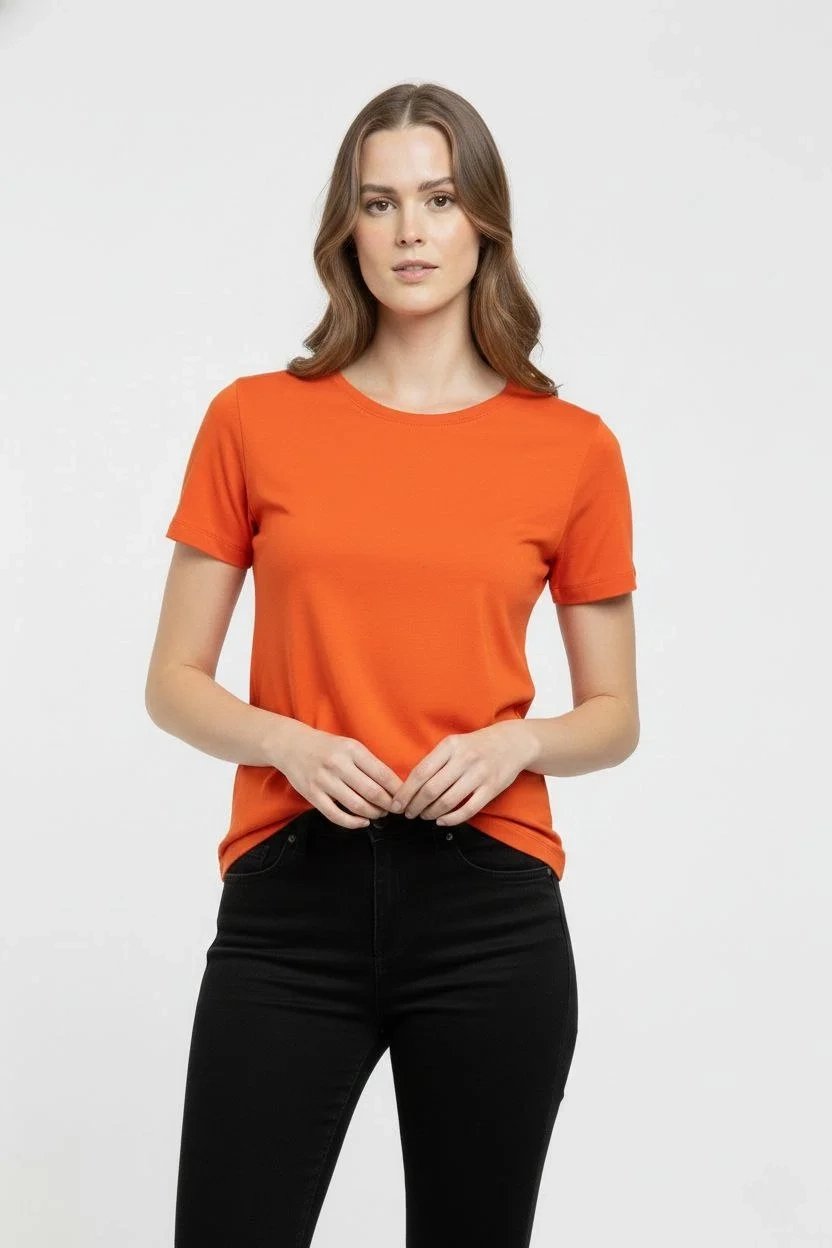 Női Narancssárga Slim Fit Kerékpárnyakú Elasztános Basic Póló 3