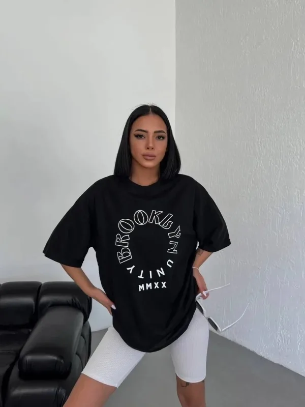 Γυναικείο Μαύρο Oversize Στρογγυλή Λαιμόκοψη Τυπωμένο T-Shirt 3