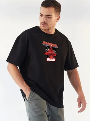 Férfi Fekete Oversize Kerékpárnyakú Nyomott Póló