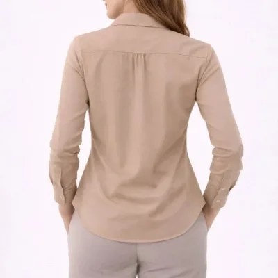 Women's Beige Long Sleeve Button Down Classic Collar Daily Office Shirt 4