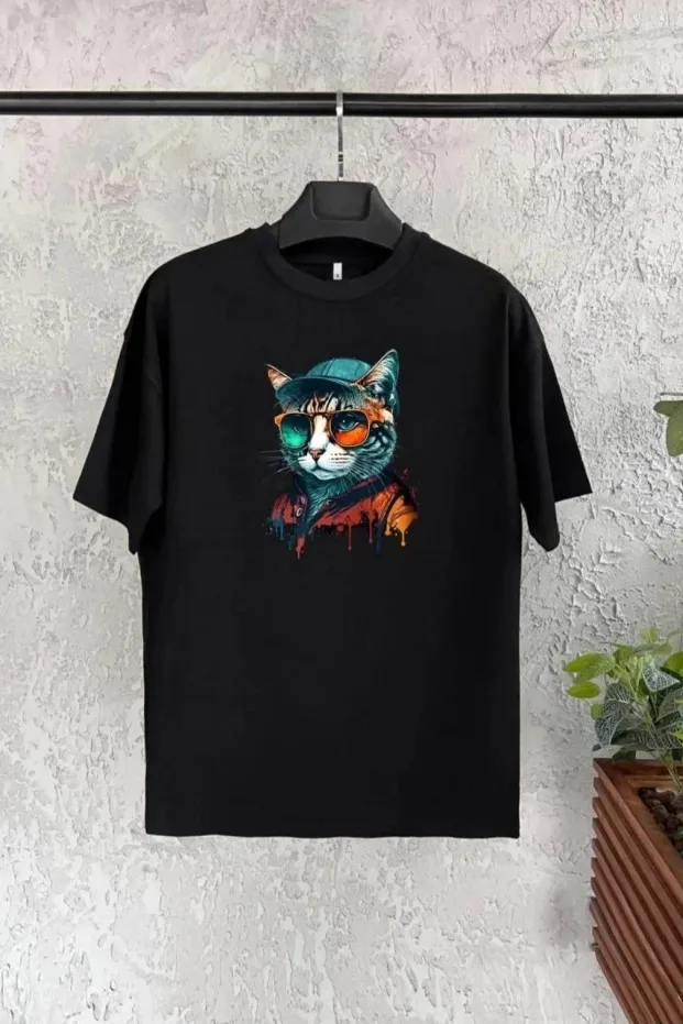 Çocuk Siyah Oversize Baskılı Bisiklet Yaka Tişört 1