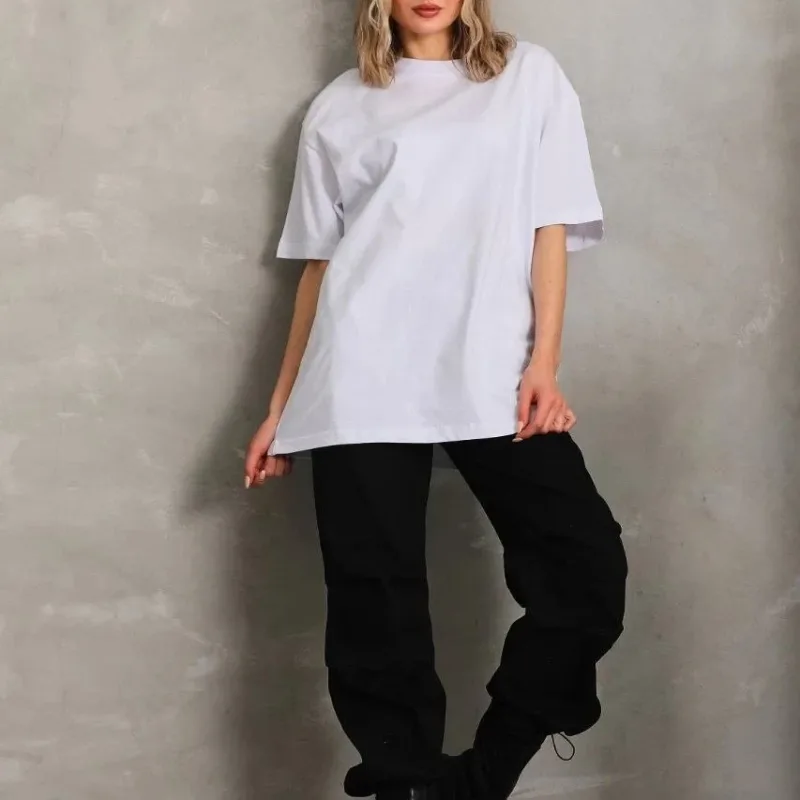 Női Fehér Sima Kötött Rövid Ujjú T-Shirt