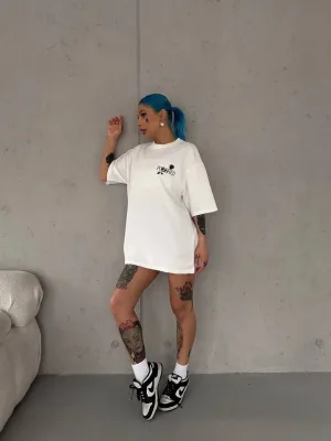 Kadın Beyaz Oversize Bisiklet Yaka Baskılı Kısa Kol Tişört