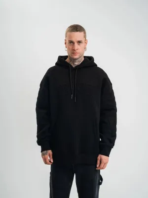 Sweatshirtê Mêran ê Reş Oversize 3 Têl Pembû Bi Kapek û Nexşkirî