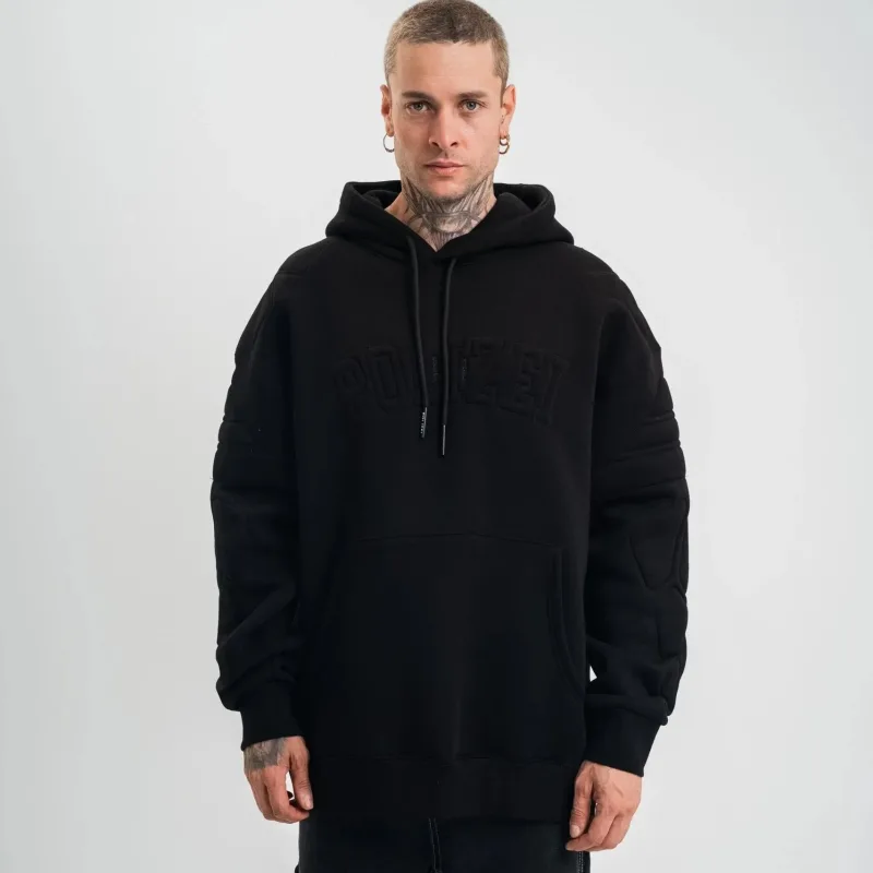 Sweatshirtê Mêran ê Reş Oversize 3 Têl Pembû Bi Kapek û Nexşkirî