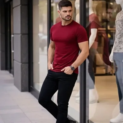 Muška bordo slim fit majica s likrom, okrugli izrez 2