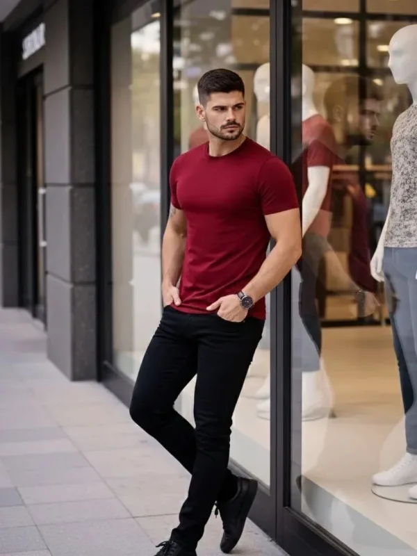 Muška bordo slim fit majica s likrom, okrugli izrez 2