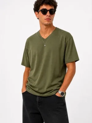Men's Khaki Regular V-Neck Short Sleeve Basic T-Shirt