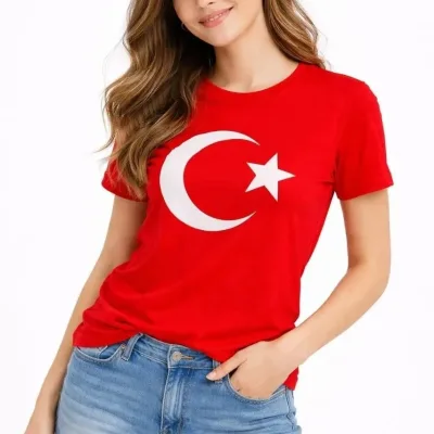 Qadın Qırmızı Velosiped Yaxalı Ay Ulduz Bayraq Çap Köynək 2