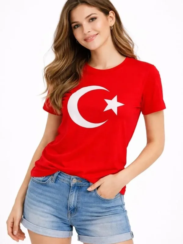 Qadın Qırmızı Velosiped Yaxalı Ay Ulduz Bayraq Çap Köynək 2