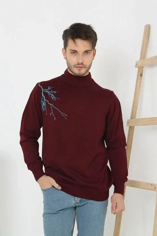 Muški Bordo Poluvisoki Kragna Štampani Triko Džemper