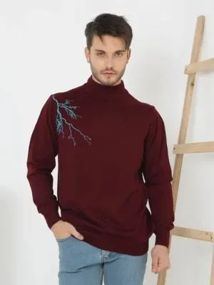 Muški Bordo Poluvisoki Kragna Štampani Triko Džemper