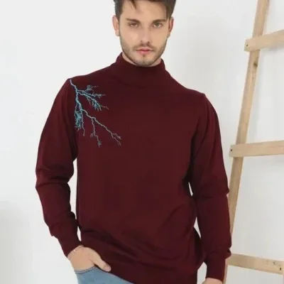 Muški Bordo Poluvisoki Kragna Štampani Triko Džemper 1