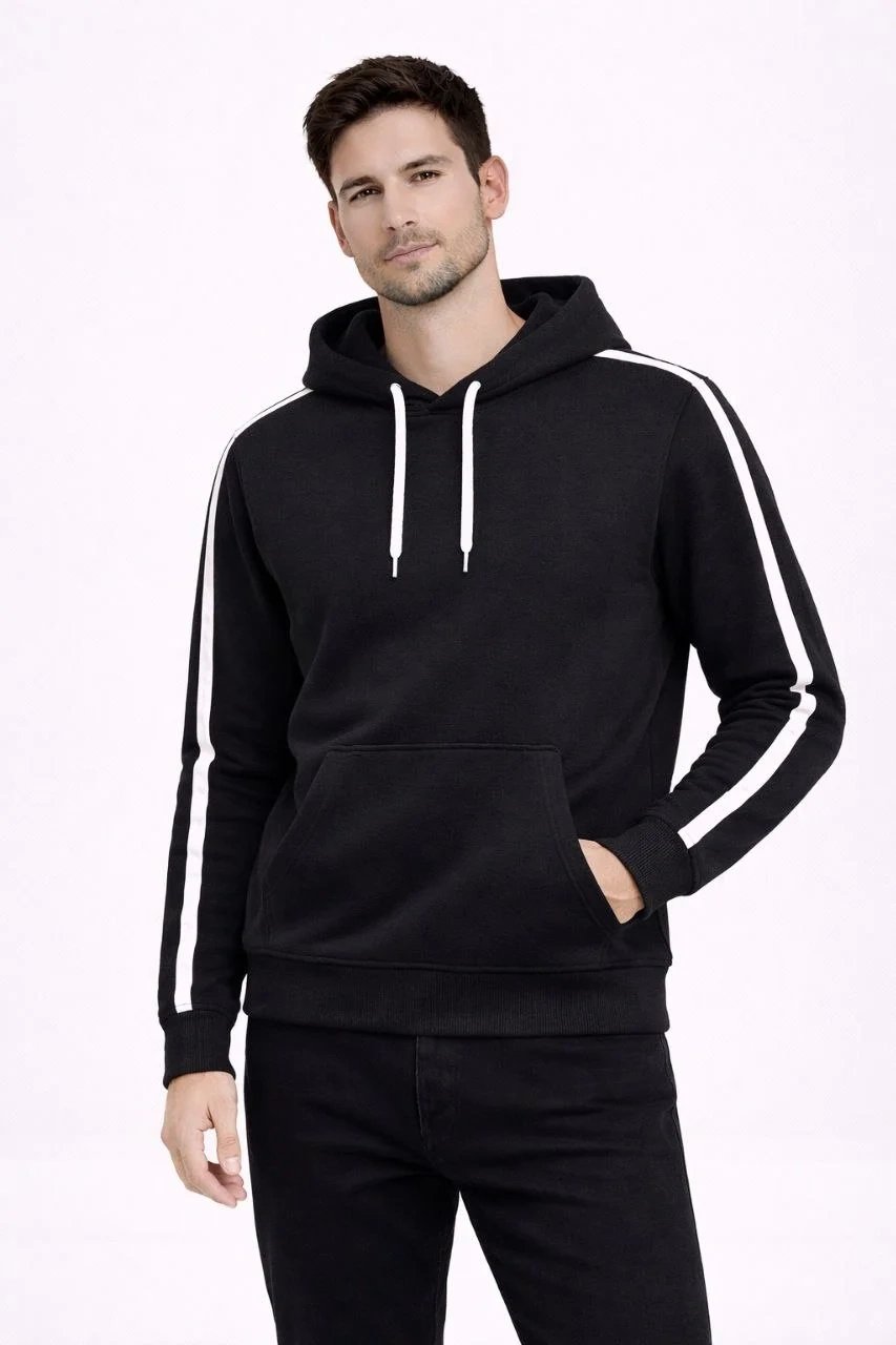 Férfi fekete oversized 3 szálas pamut csíkos kapucnis sweatshirt 1