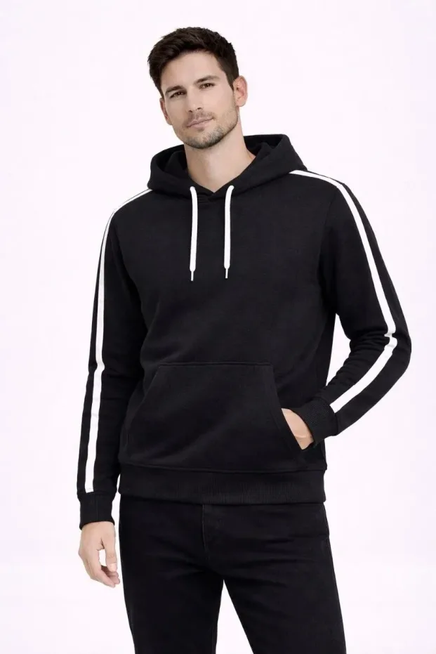 Férfi fekete oversized 3 szálas pamut csíkos kapucnis sweatshirt 1
