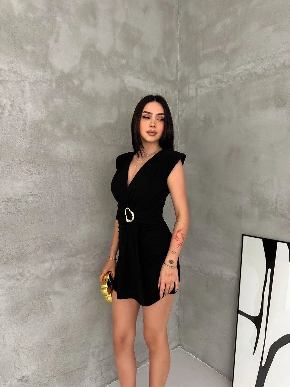 Women's Black Draped Cross Neck Mini Dress with Stylish Buckle Evening Wear 3