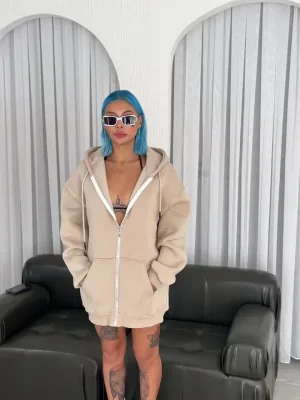 Sweatshirt ya Jinan Bej, Oversize, Bi Kulek, Bi Berîkên Kangurû, Bi Çap