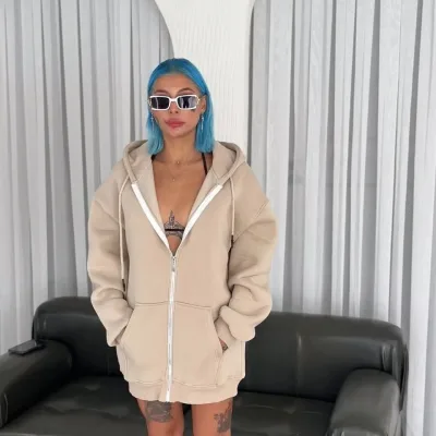 Sweatshirt ya Jinan Bej, Oversize, Bi Kulek, Bi Berîkên Kangurû, Bi Çap 1