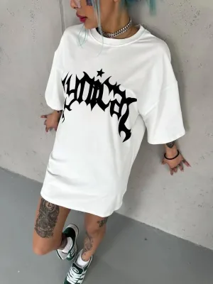 Women's White Oversize Crew Neck Printed Short Sleeve T-Shirt