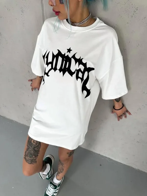 Damski Biały Oversize Rowerowy Kołnierz Nadrukowany Krótki Rękaw T-shirt 1