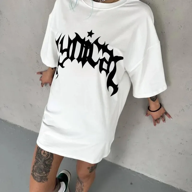 Damski Biały Oversize Rowerowy Kołnierz Nadrukowany Krótki Rękaw T-shirt