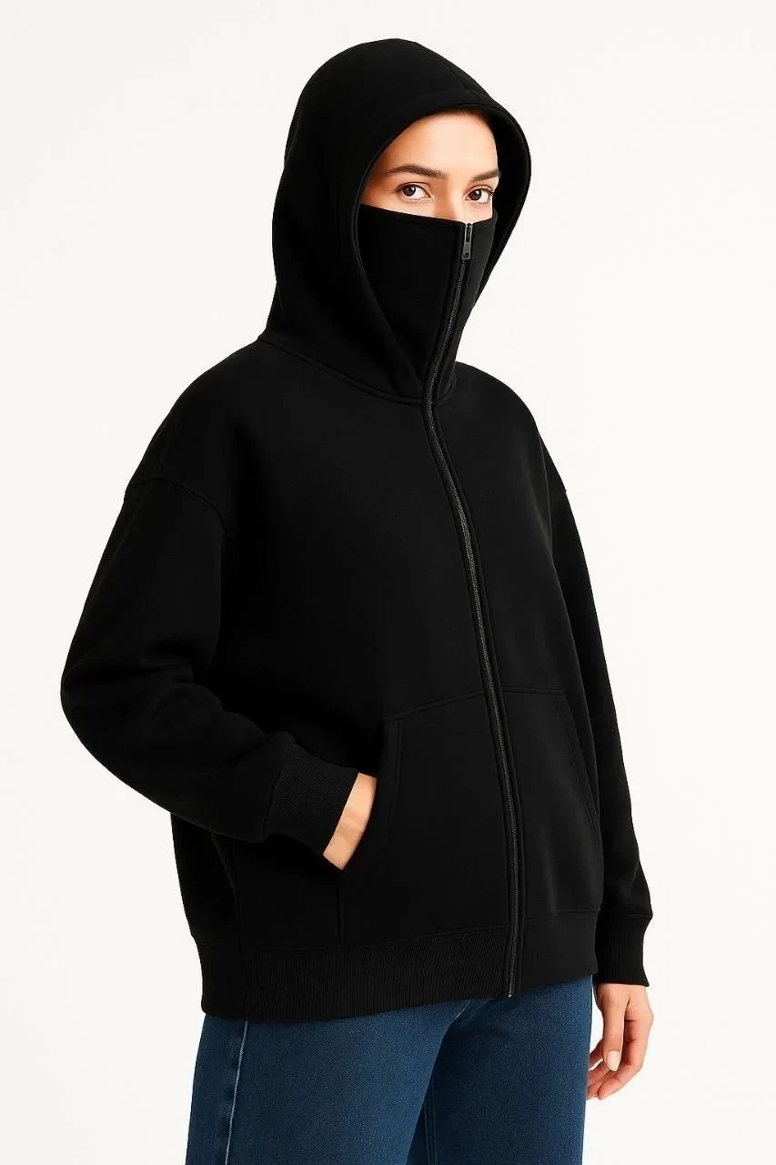 Femeie Neagră 3 Fire Dublă Glugă Mască Detalii Hoodie