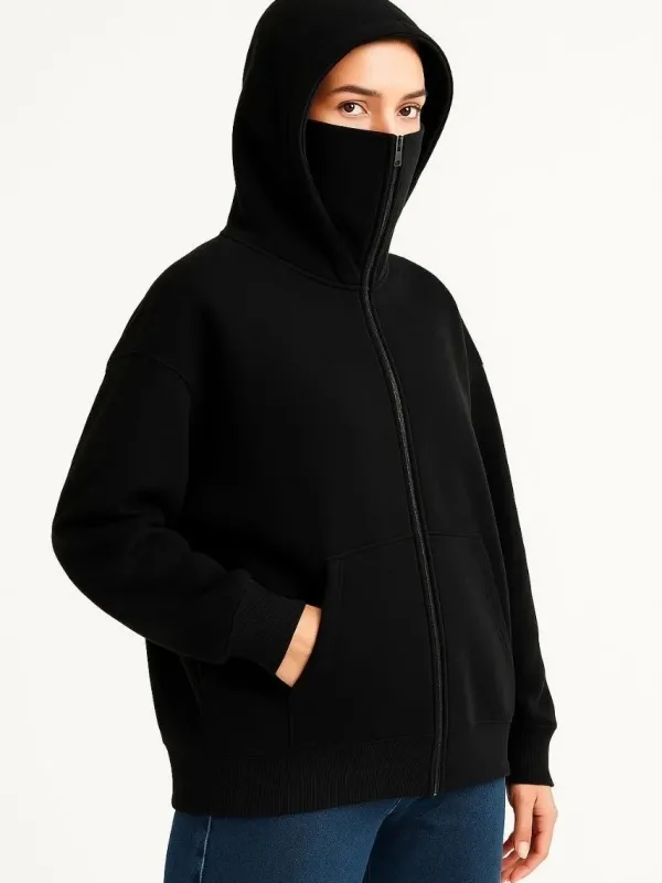 Femeie Neagră 3 Fire Dublă Glugă Mască Detalii Hoodie 1