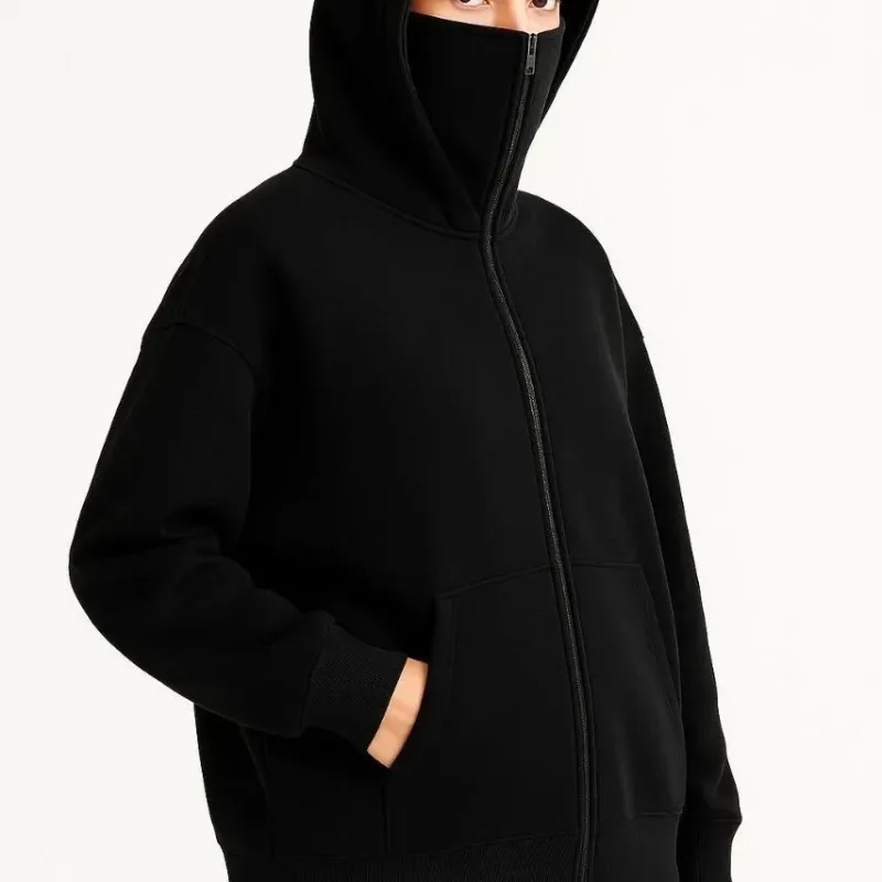 Ženska crna 3-nitna dupla kapuljača maska detalj hoodie