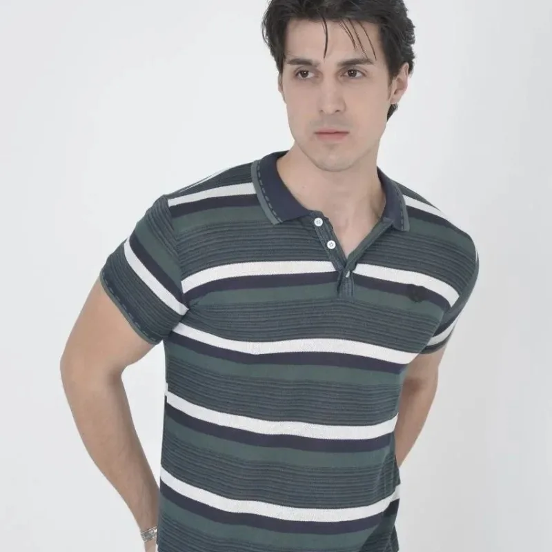 Férfi Khaki Slim Fit Szőtt Csíkos Polo Galléros Póló