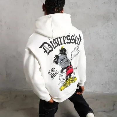 Bărbați Alb Oversize 3 Fire Bumbac Glugă Imprimat Cu Buzunar Sweatshirt 4