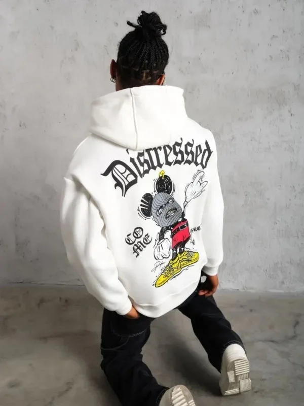 Bărbați Alb Oversize 3 Fire Bumbac Glugă Imprimat Cu Buzunar Sweatshirt 4