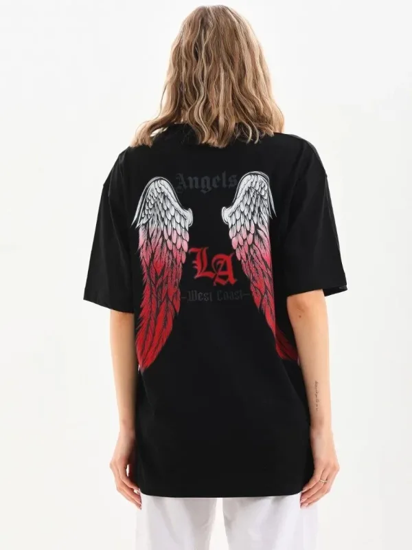 Damski oversize T-shirt czarny, dekolt w serek, nadruk 2