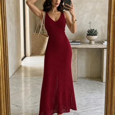 Kadın Bordo Oversize Örgülü Uzun Kışlık Triko Elbise 6