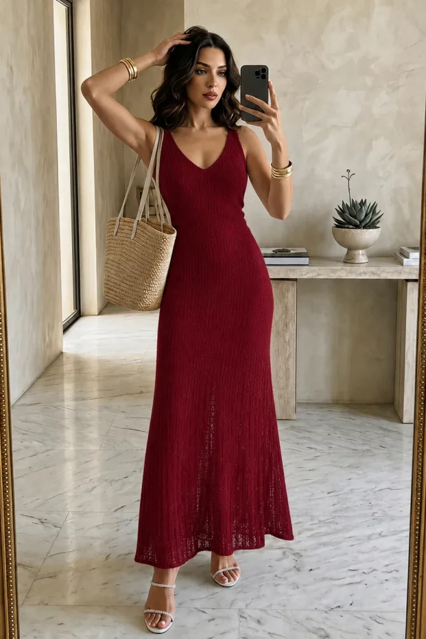 Kadın Bordo Oversize Örgülü Uzun Kışlık Triko Elbise 6