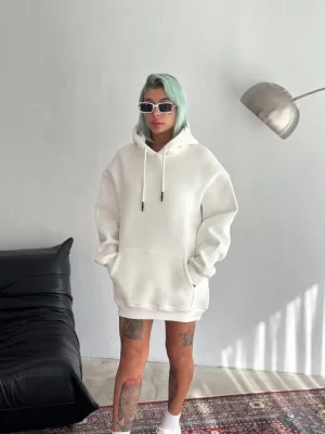 Dámský bílý oversized bavlněný sweatshirt s kapucí a klokaní kapsou, 3-nitný