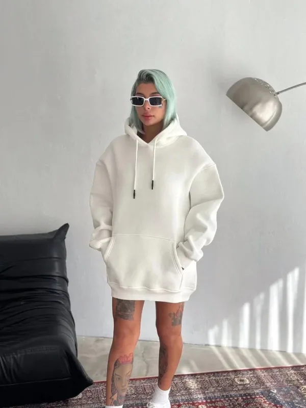 Dámský bílý oversized bavlněný sweatshirt s kapucí a klokaní kapsou, 3-nitný 1