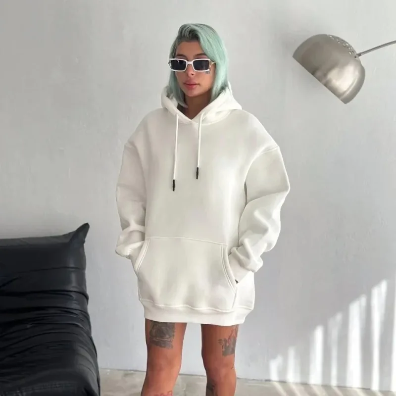 Women's White Oversize 3-Thread Cotton Hooded Kangaroo Pocket Sweatshirt