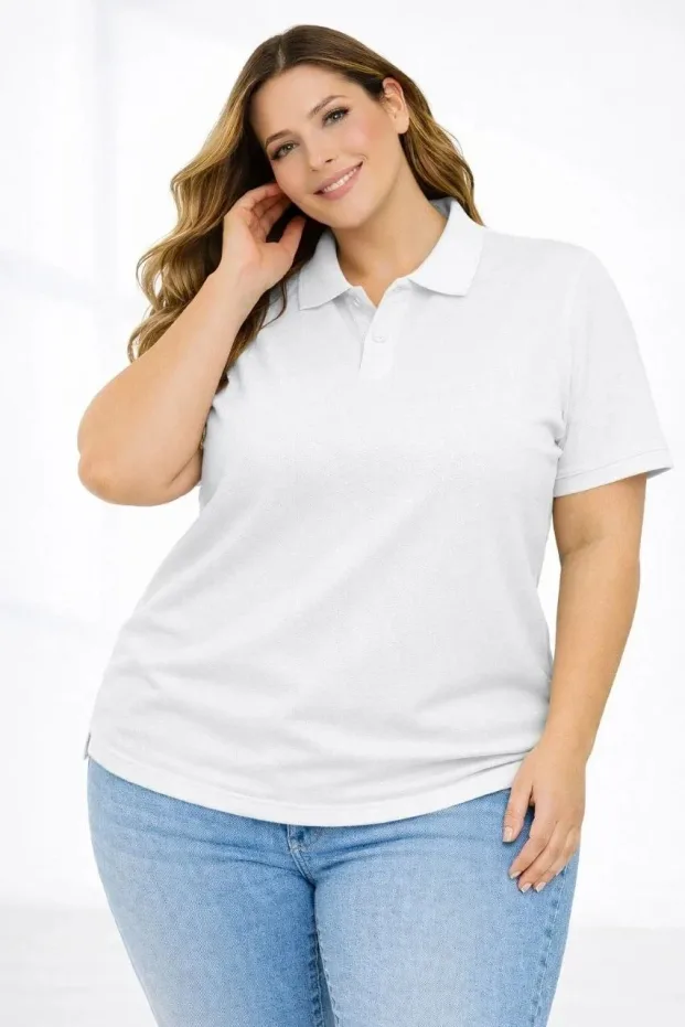 Women's White Plus Size Pique Fabric Polo Neck Short Sleeve T-Shirt 2