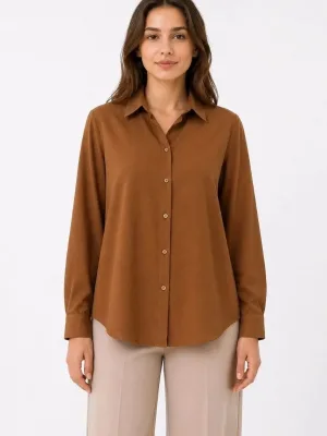 Women's Brown Long Sleeve Classic Collar Button Down Shirt
