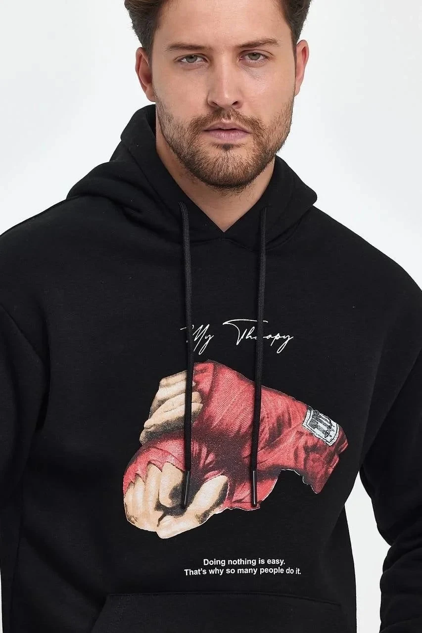 Mêr Reş Boxy Bi Kevanê 3 Têl Pembeyî Çapkirî Sweatshirt