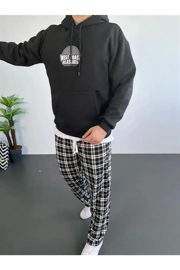 Μαύρο Ανδρικό Oversize 3-Νήμα Βαμβακερό Κουκούλα Εκτύπωση Φούτερ 1