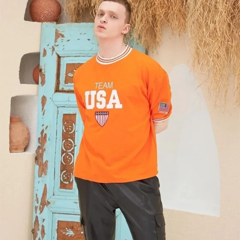 Машки портокалов oversize велосипед јака везена маица