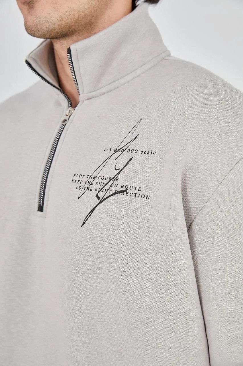 Murš Gri Jumătate Fermuar Printat 3 Firă Bumbac Sweatshirt 1