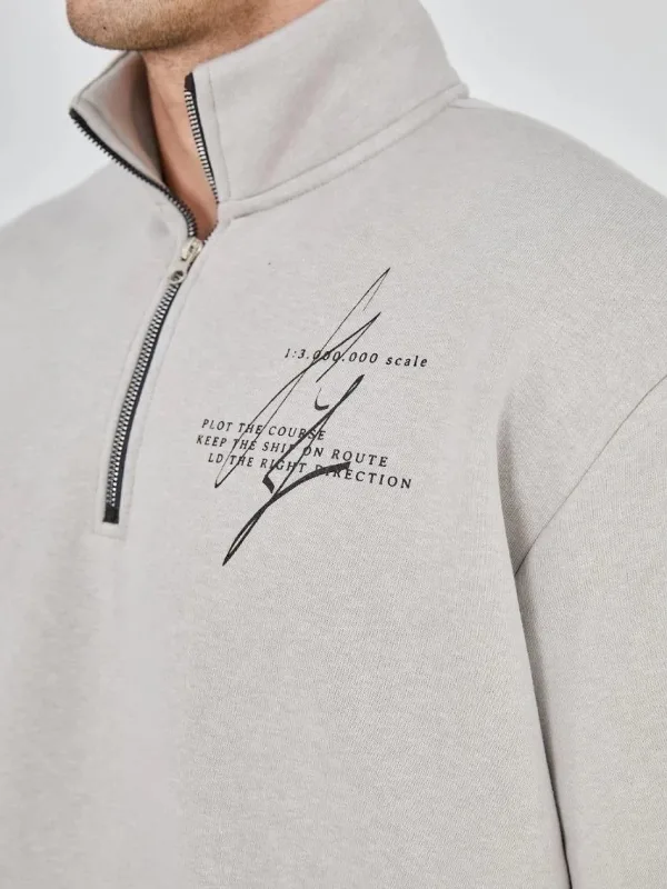 Férfi Szürke Félcipzáras Nyomott 3 Szálas Pamut Sweatshirt 1