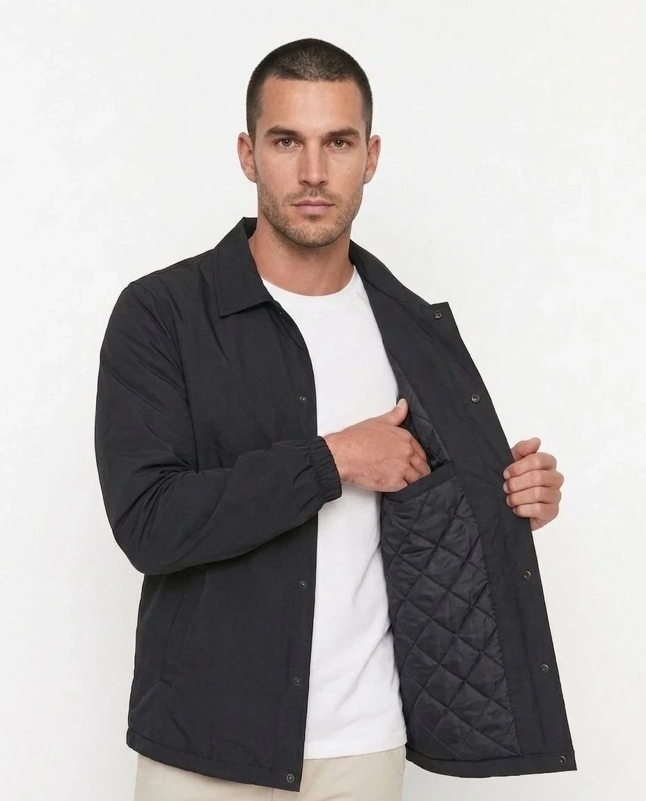 Men's Black Seasonal Waterproof Lined Snap Button Pocket Coat 2