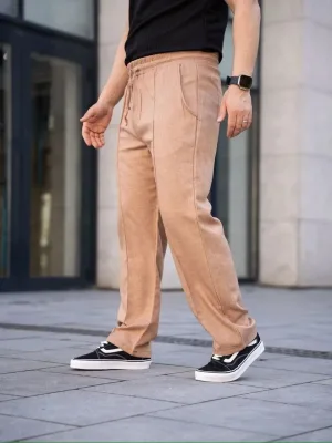 Barna Len Zsebes Kettős Varrású Jogger Nadrág