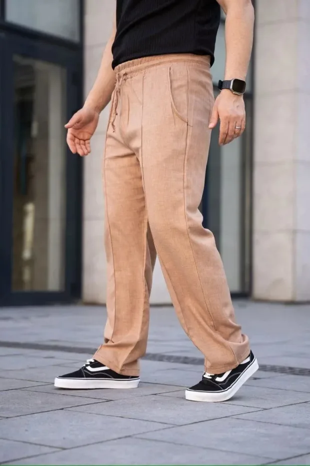 Muške smeđe lanene jogger pantalone sa džepovima i šavovima 1