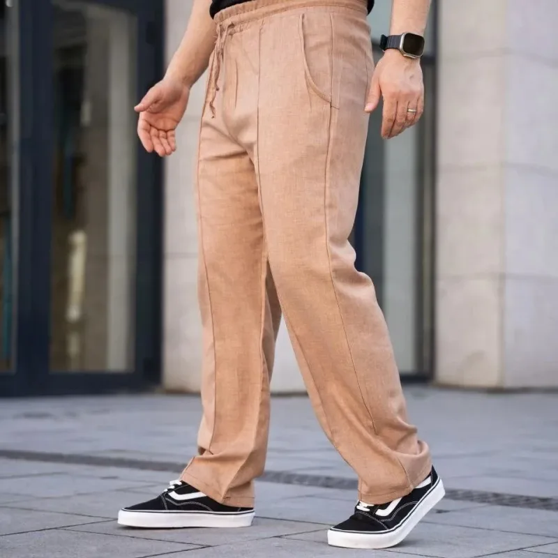 Pánské hnědé lněné jogger kalhoty s kapsami a dvojitým švem