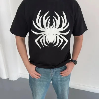 Męski Czarny Oversize Pająk Nadruk Koszulka 3
